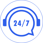 A chatbox and headphones show the 24/7 dedication of customer support